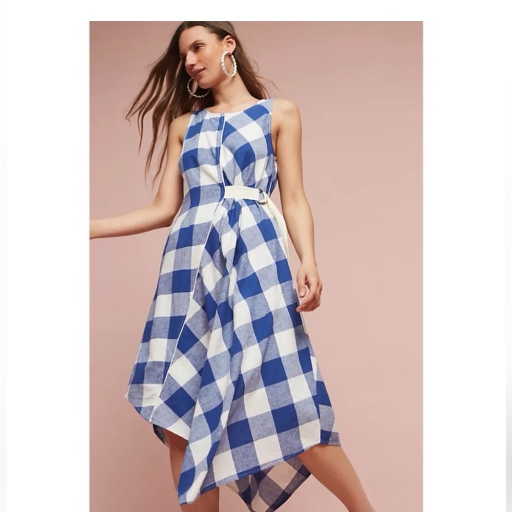 Maeve Blue and White Checkered Sleeveless Belted Dress